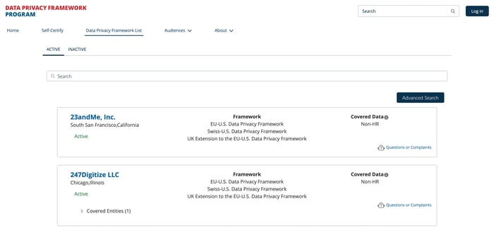 Capture d'écran du site Data Privacy Framework